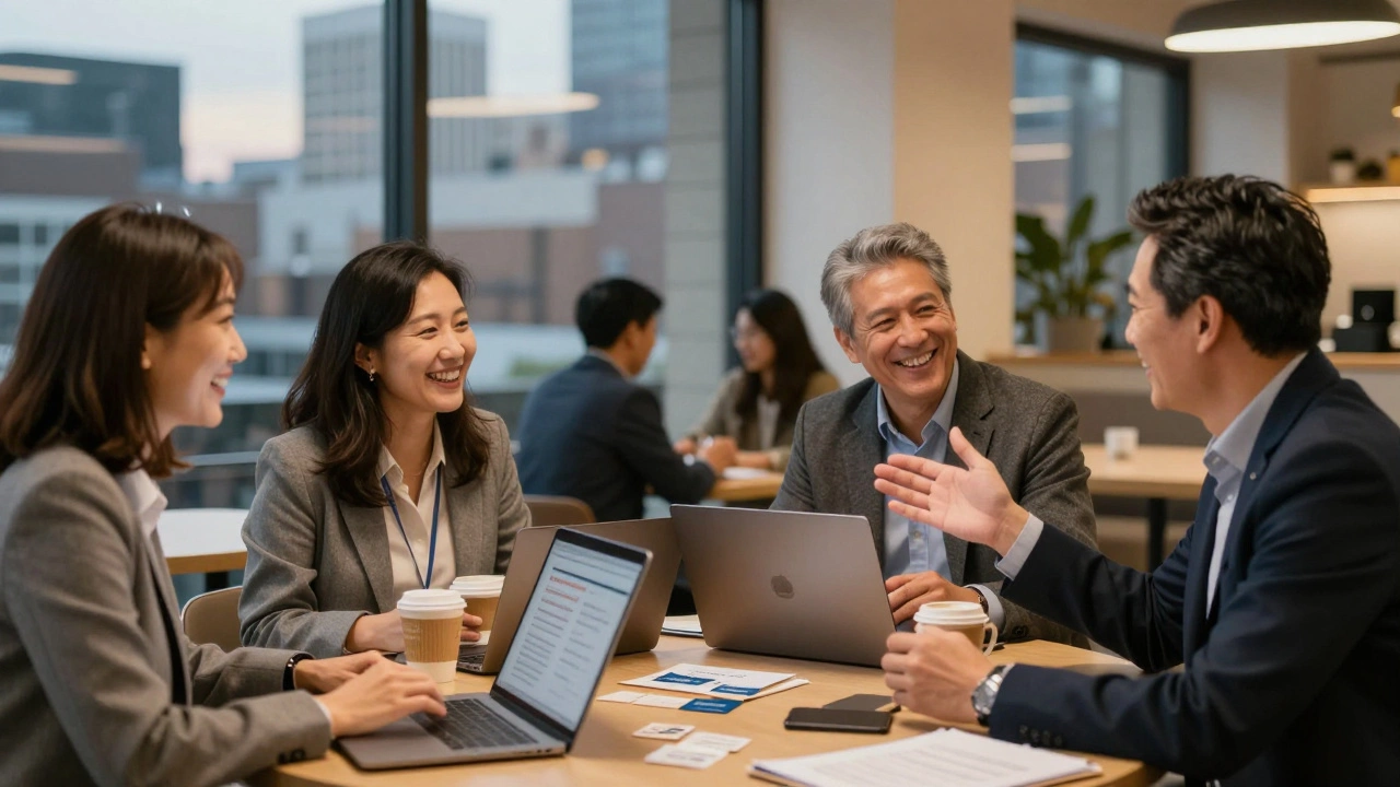 Four midlife professionals networking over coffee, discussing startup investments in a modern co-working space.