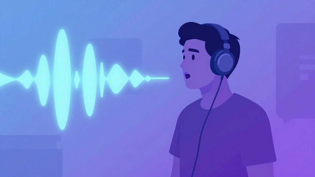 Illustration of student practicing speech pronunciation with headphones.