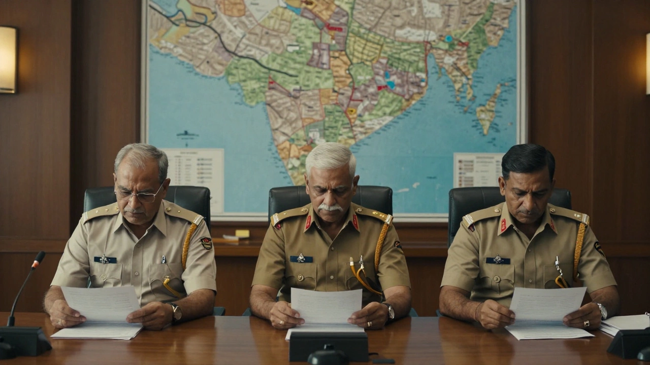 Senior IAS, IPS, and IFS officers reviewing documents in a Cabinet Room with a map of India in the background.