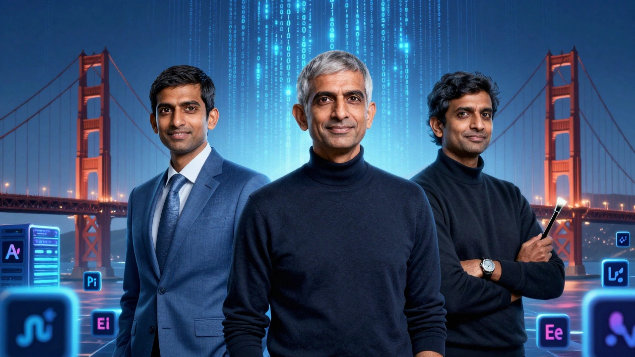 Silicon Valley leaders Nadella, Pichai, and Narayen in a digital landscape of code and cloud icons.