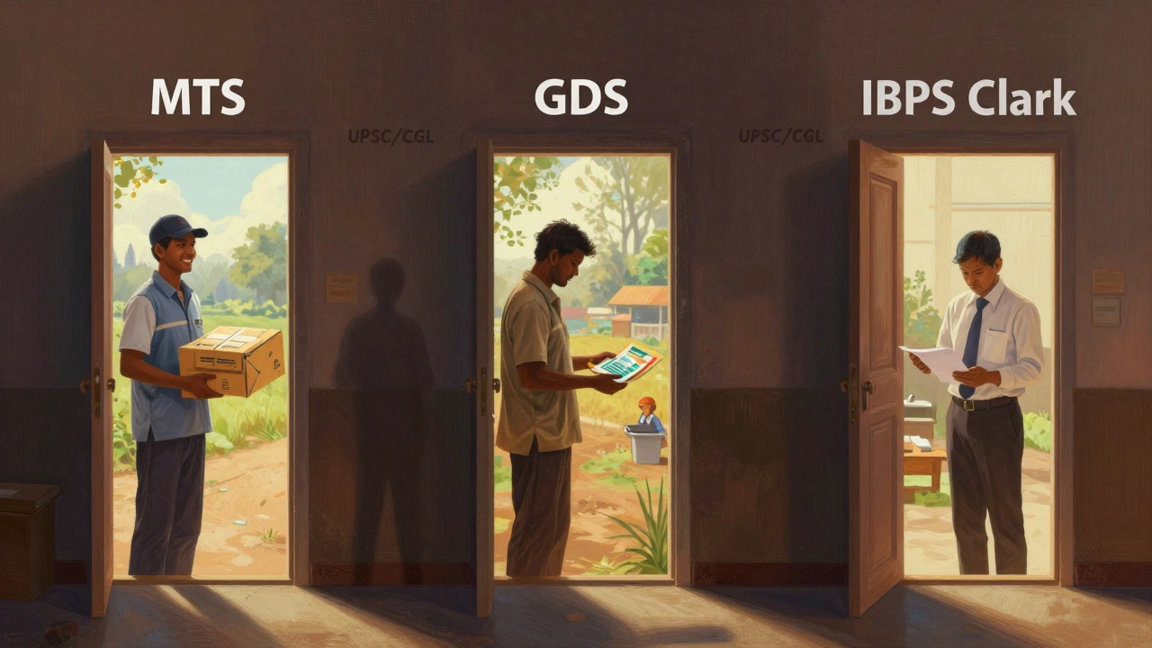 Three doorways labeled MTS, GDS, and IBPS Clerk lead to peaceful job scenes, while a crowded hallway fades behind.