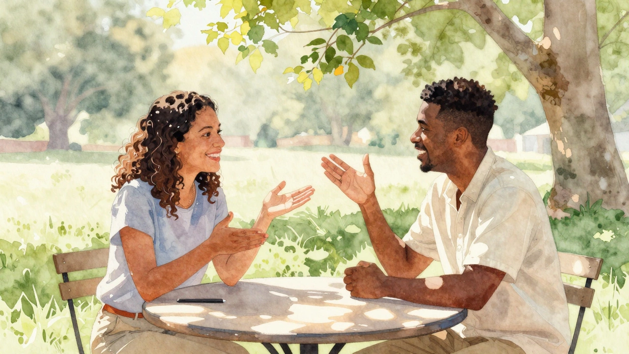 Watercolor painting of two people chatting happily in a park.