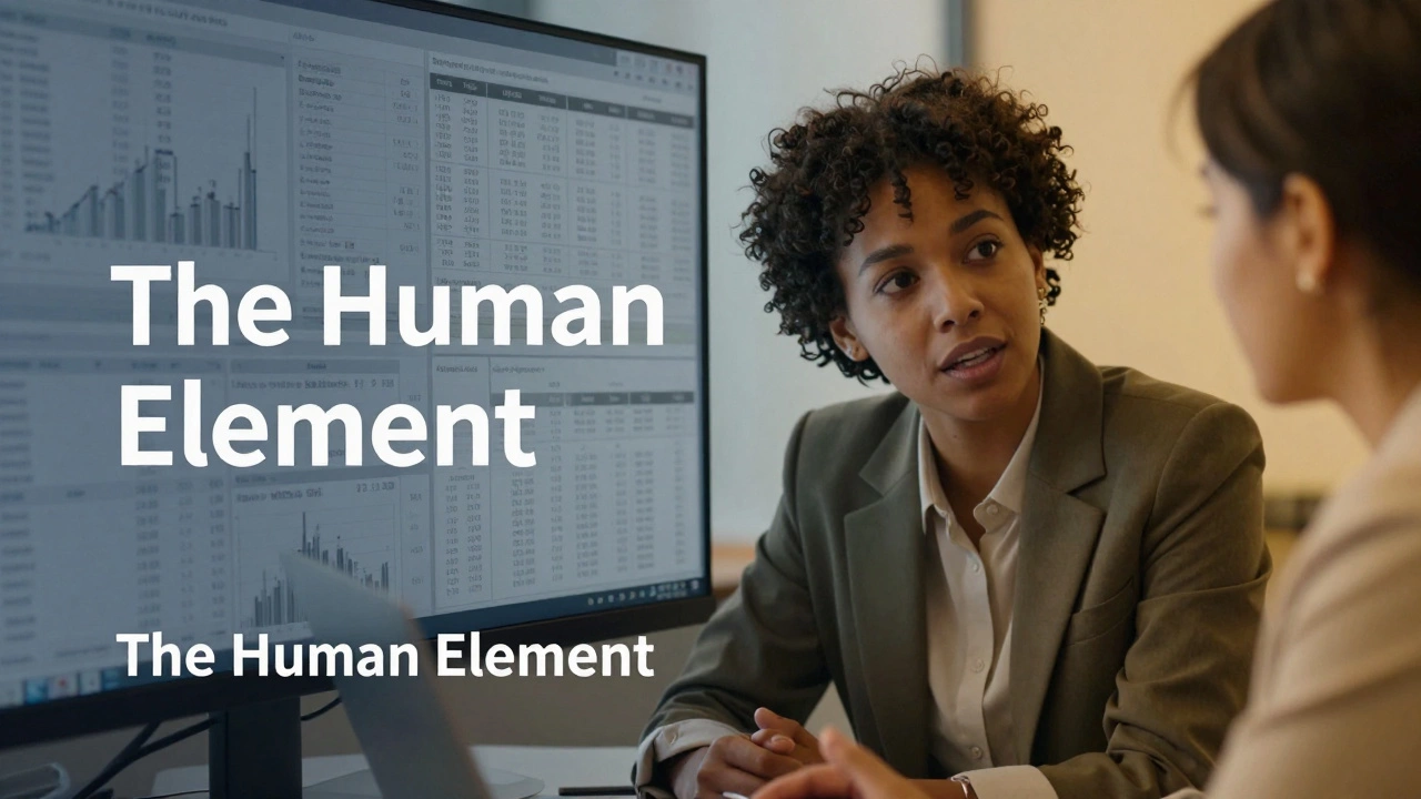 A conceptual contrast between cold financial data and warm human leadership interaction.