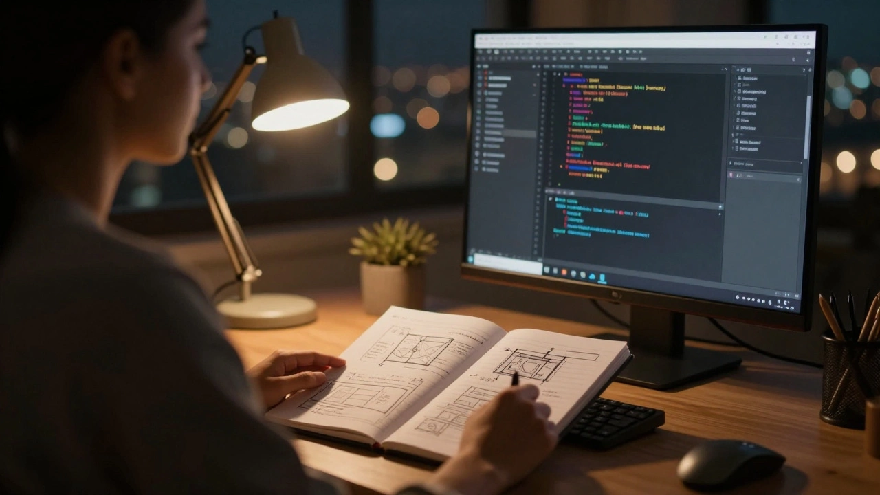A focused self-taught programmer working at a desk with a lamp at night