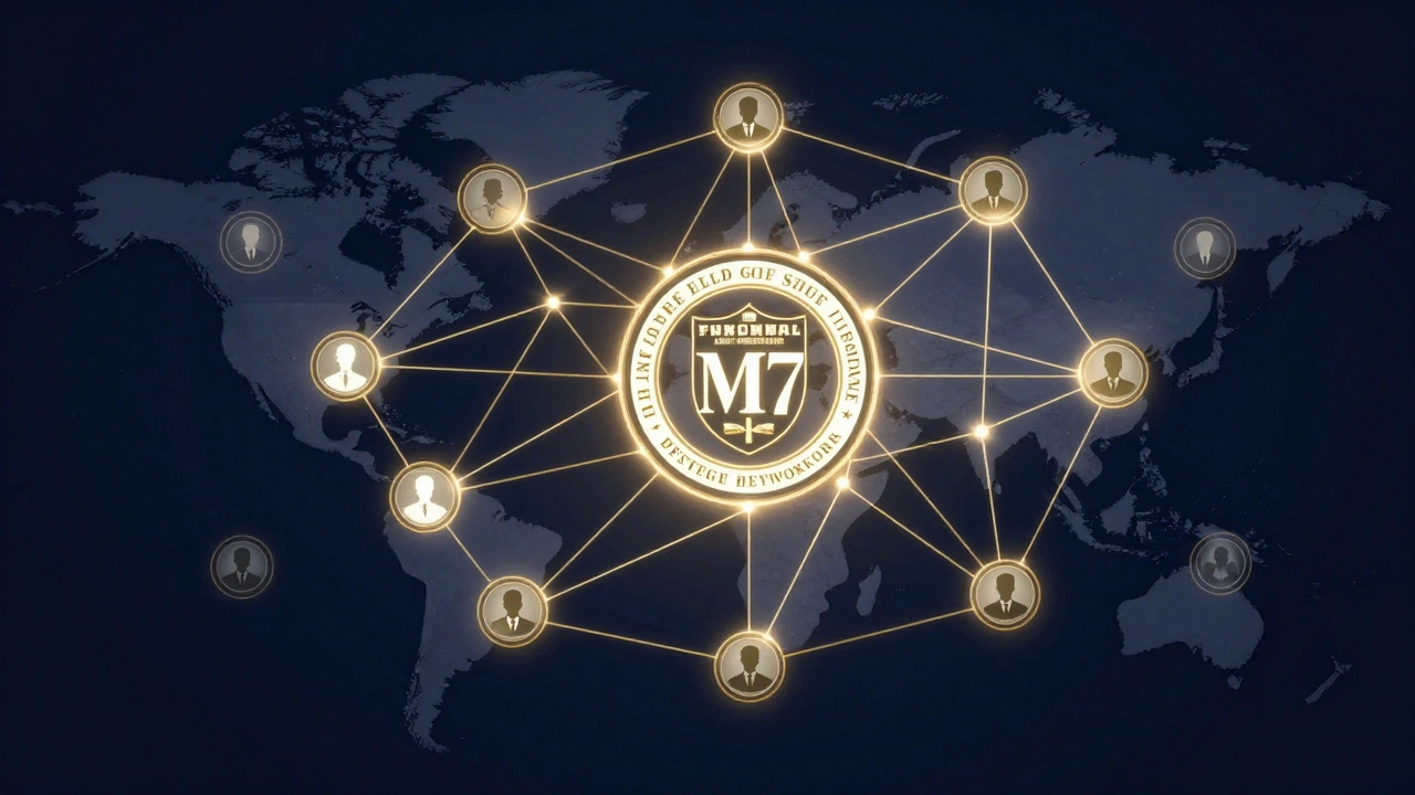 A glowing gold network of connected professional silhouettes over a world map.