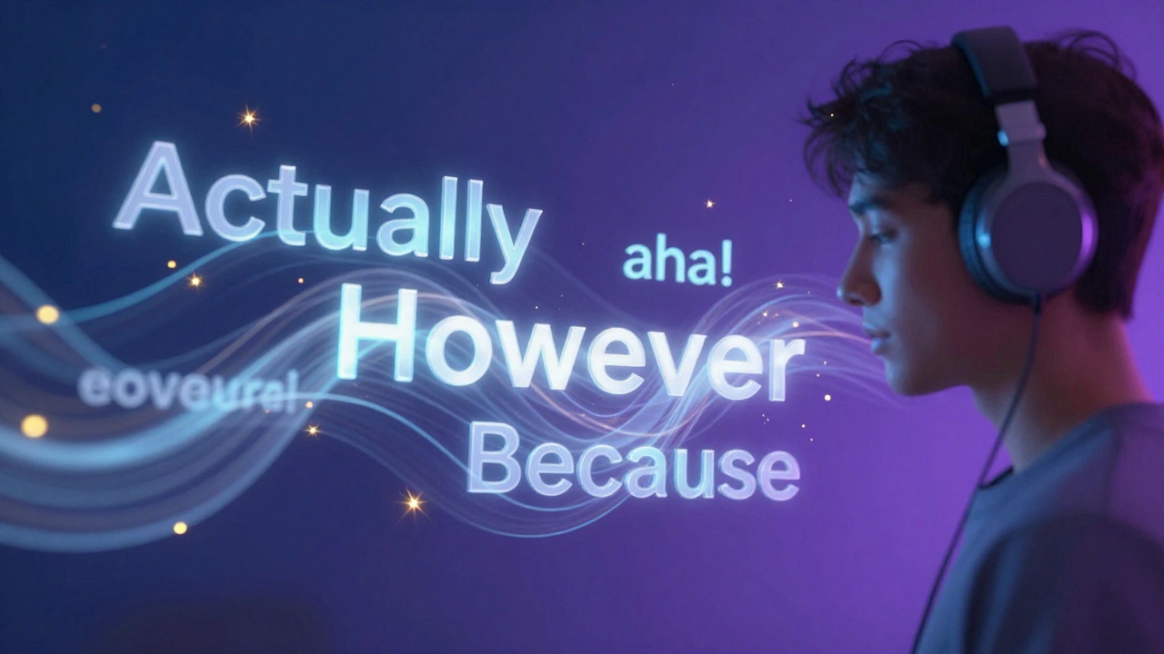 Abstract illustration of a person listening to English words floating in a digital space.