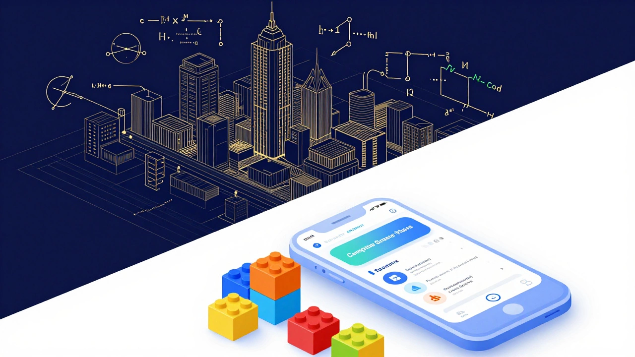 Conceptual art contrasting deep computer science theory with practical app development