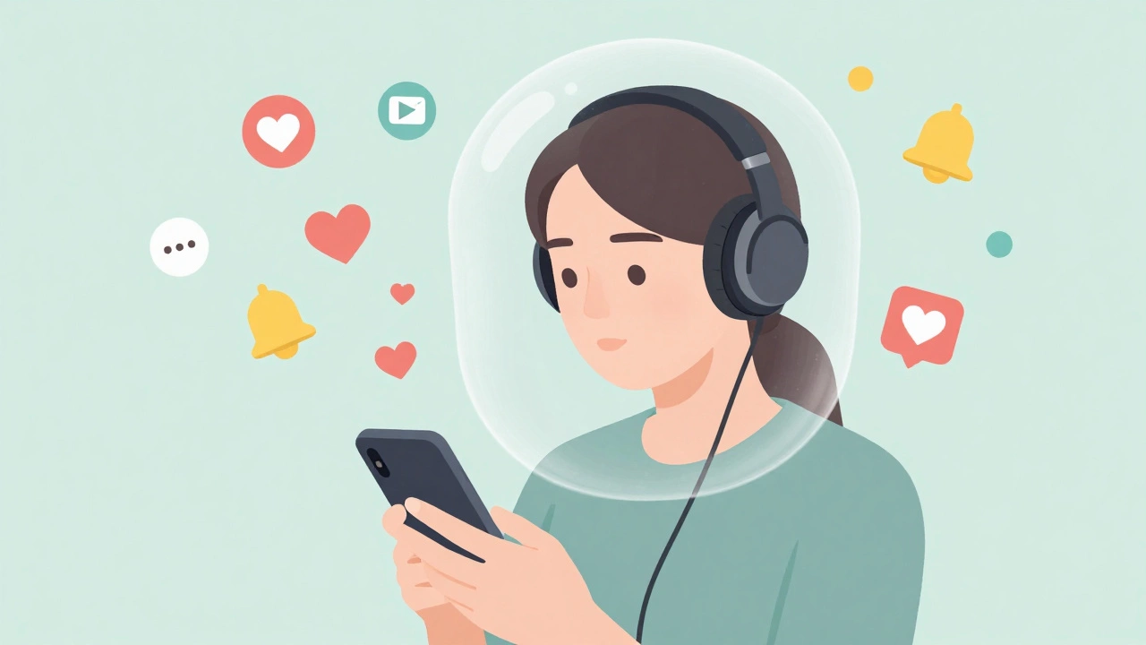 Person wearing headphones focused on a phone while blocking out digital distractions