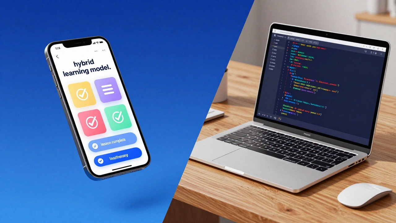 Split screen showing a smartphone with flashcards and a laptop with a coding project