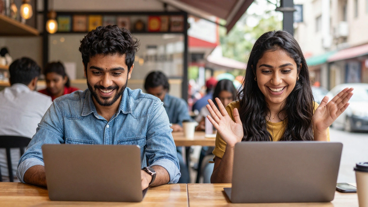 Two people from different countries having a friendly language exchange via video call.
