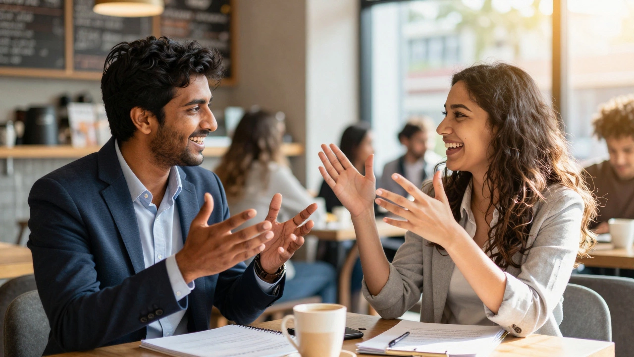Two people of different nationalities having a friendly conversation in a cafe.