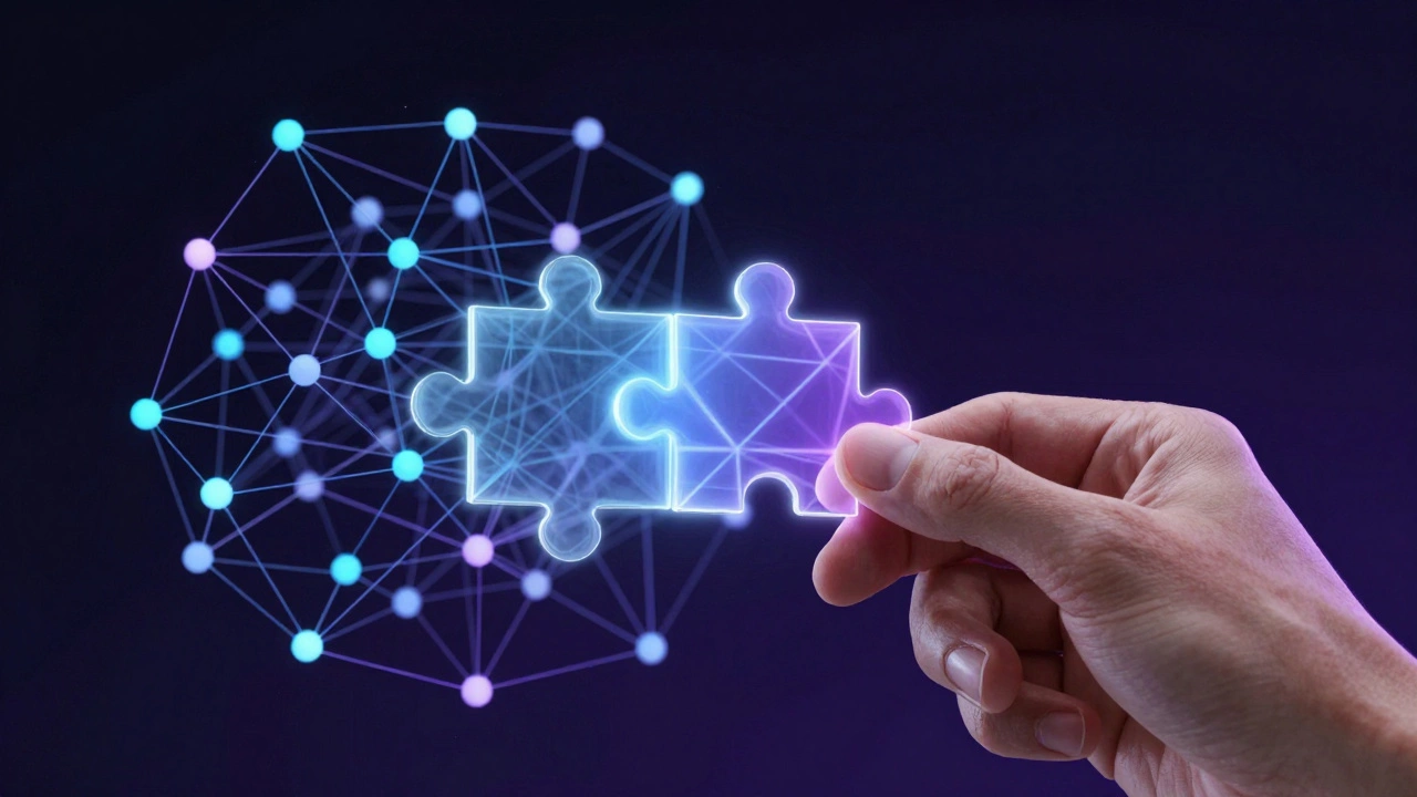 Abstract illustration of a hand fitting a puzzle piece into a digital network.