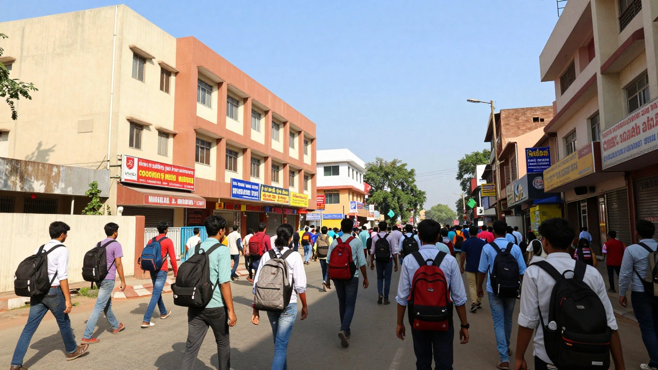 Busy street scene in Kota with NEET aspirants