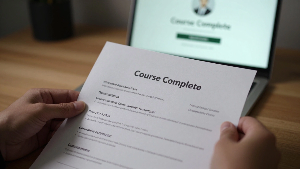 Certificate and resume on a desk with laptop in background
