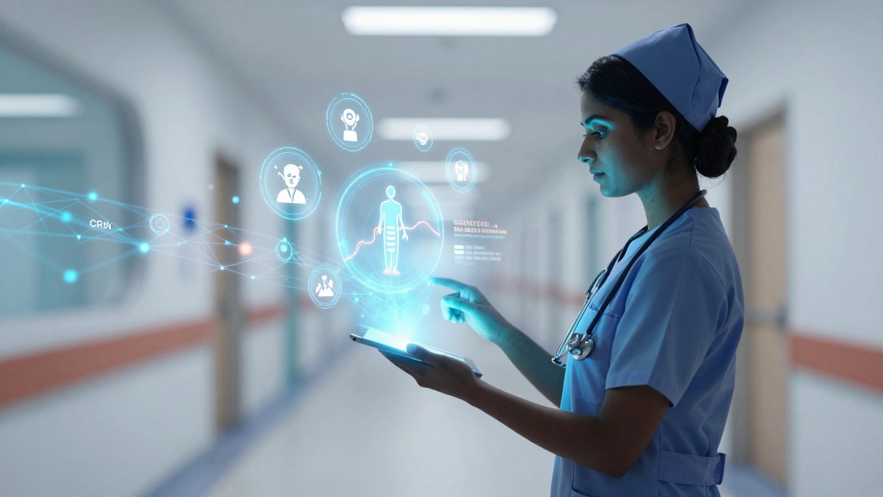Conceptual art merging healthcare and tech symbols for high-income certifications.