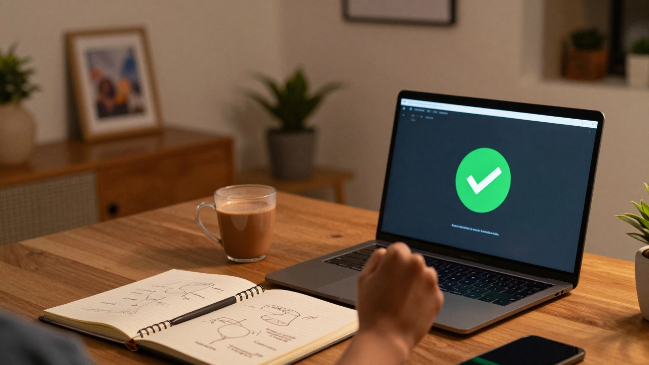 Developer celebrating success at a cozy desk with flowcharts and chai.
