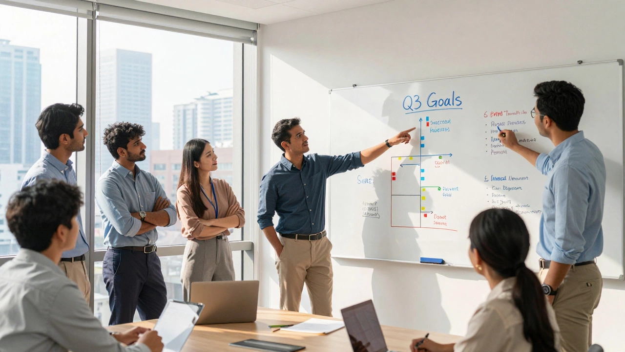 Diverse team collaborating around a whiteboard with project charts in a bright office.