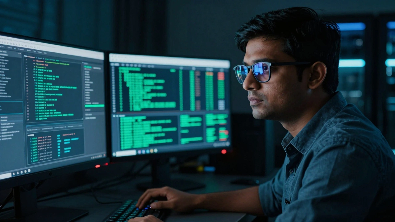 Focused Indian cybersecurity analyst monitoring security dashboards in a dark room.