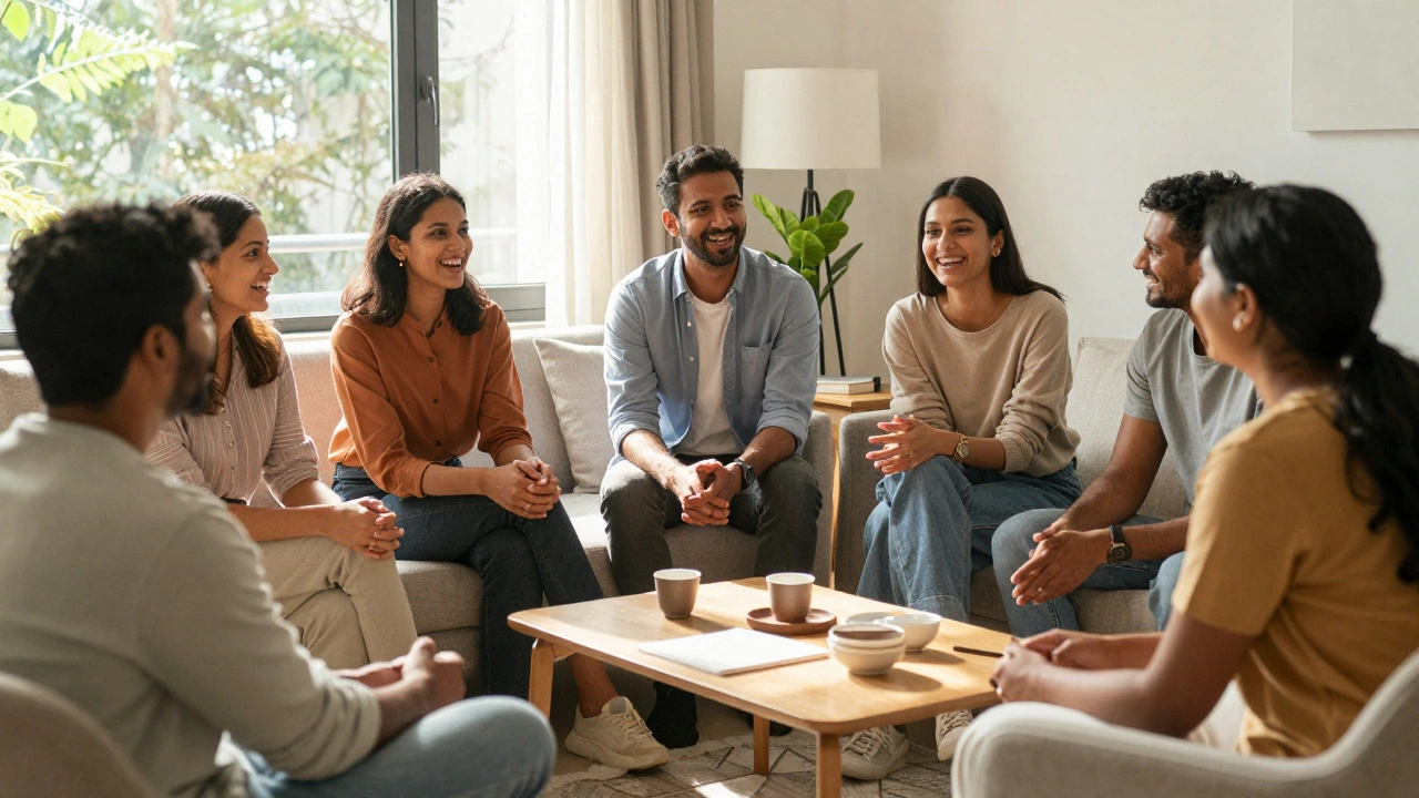 Group of people laughing and talking comfortably in a living room.