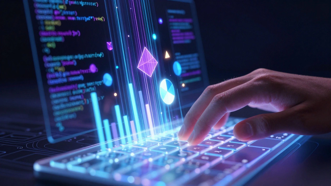 Holographic keyboard with flowing code and data visualizations