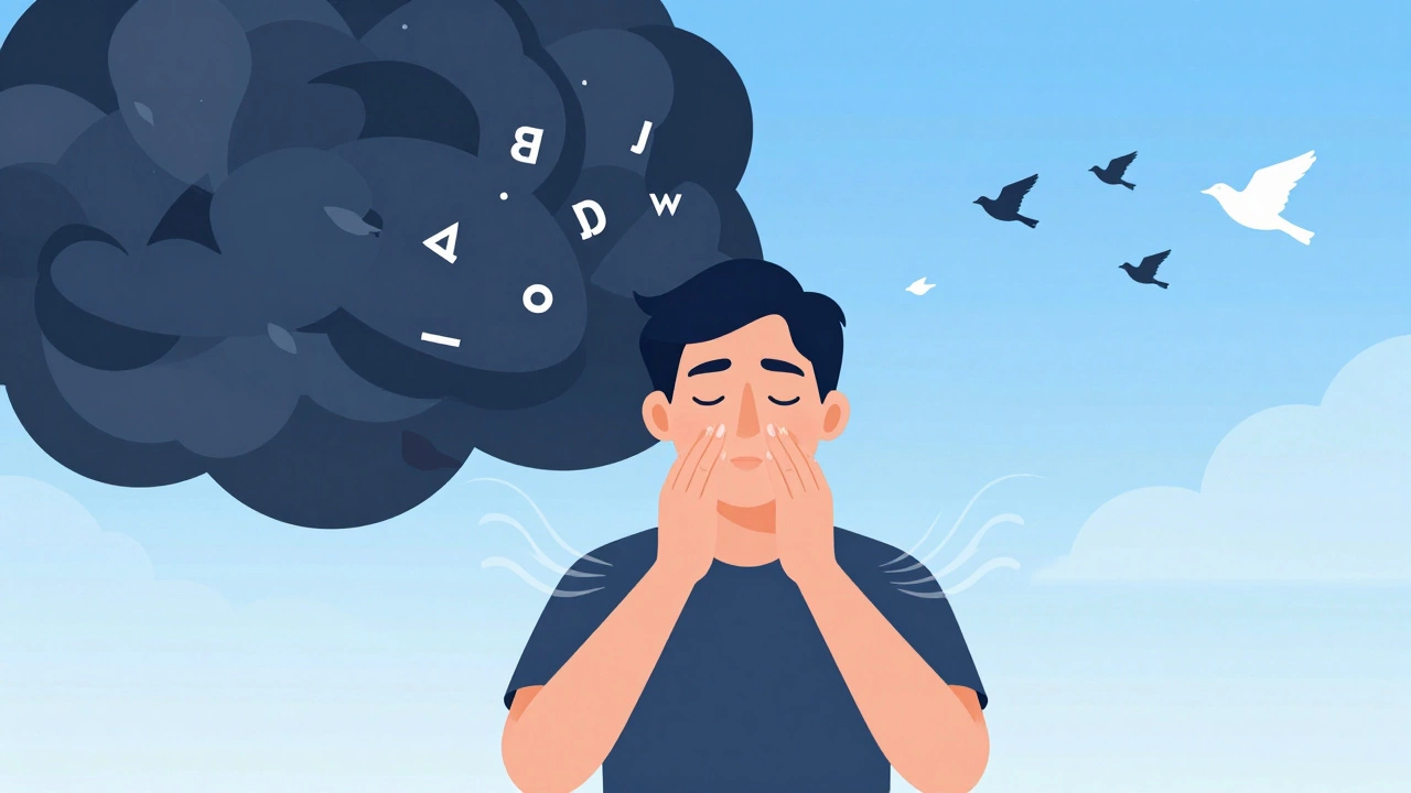 Illustration of calming breathing techniques reducing speech anxiety.