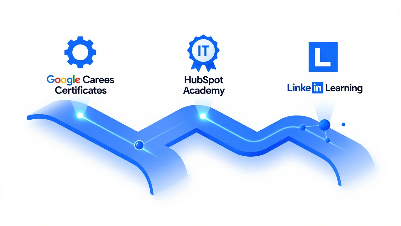 Illustration of three online certification pathways with badges