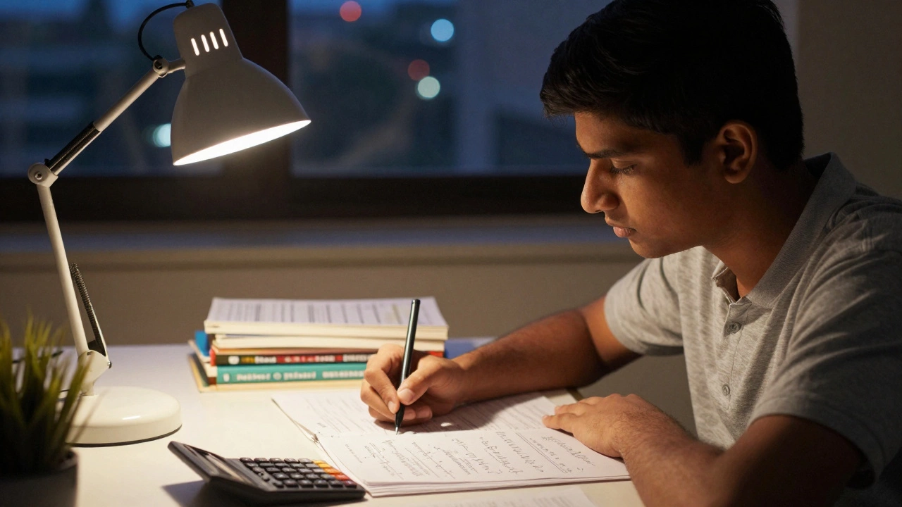 Indian student studying hard late at night with physics books