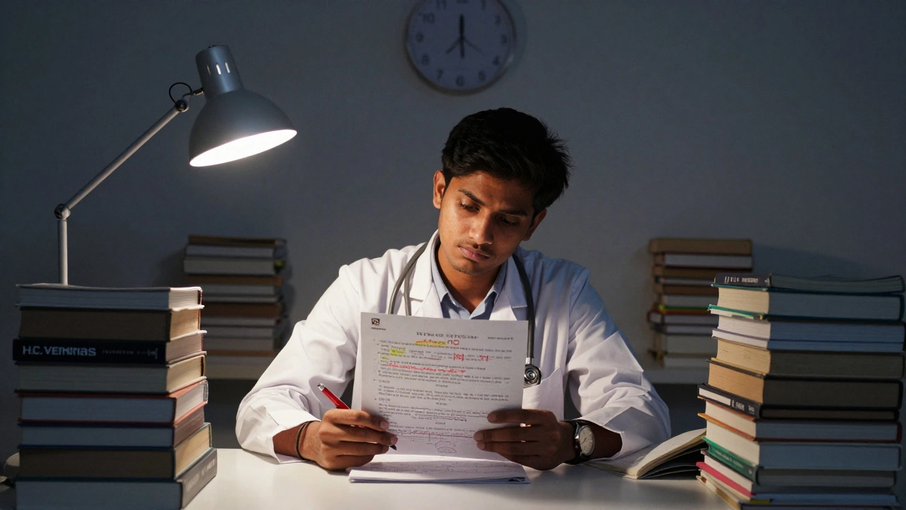 Student studying intensely with physics books and past papers under a lamp