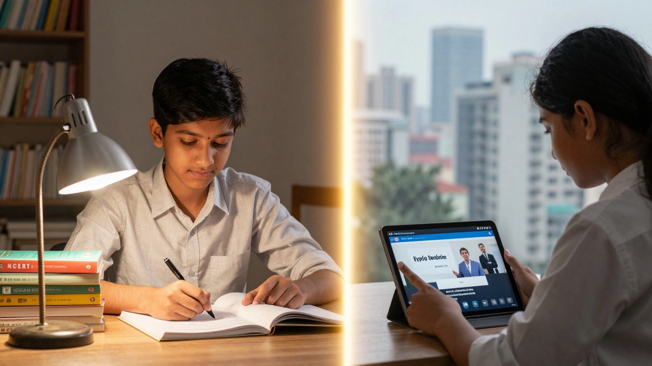 Students studying via books and online platforms bridging the education gap