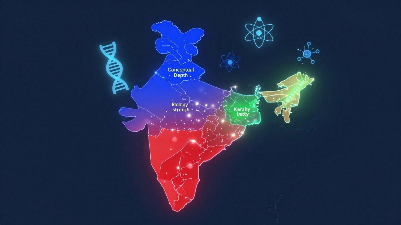 Stylized map of India highlighting top performing states in NEET