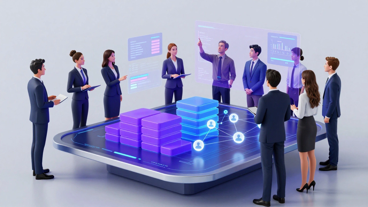 Futuristic 3D render of blended learning combining modules and collaboration