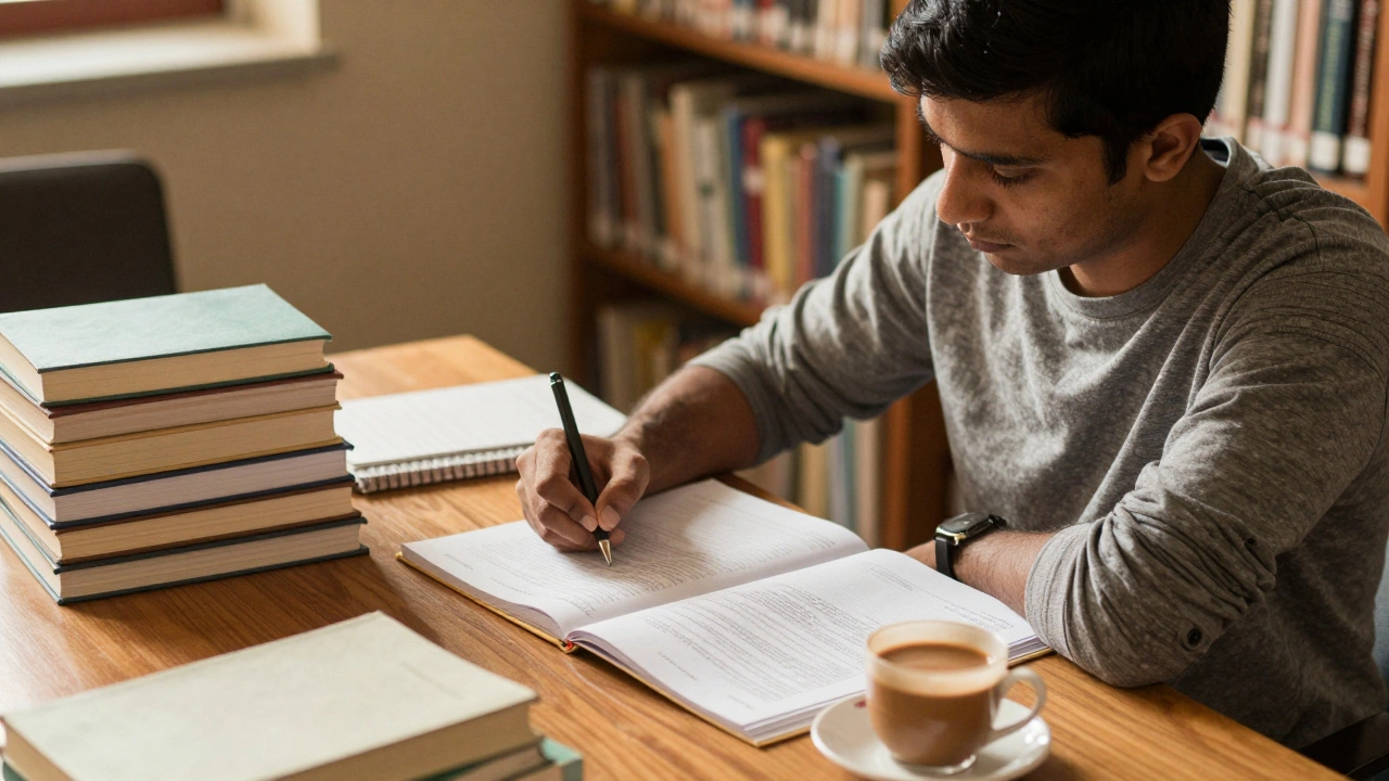 Person studying quietly for exams with books and chai in a library