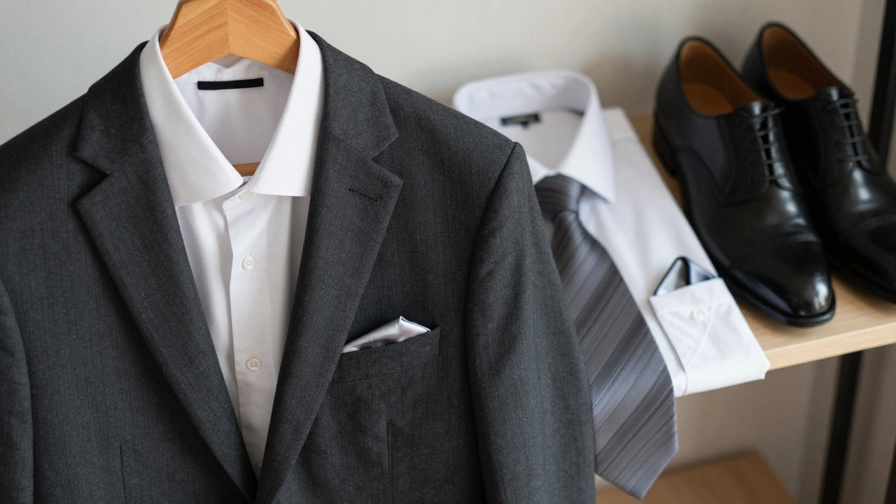 Polished shoes, pressed suit, and tie ready for job interview