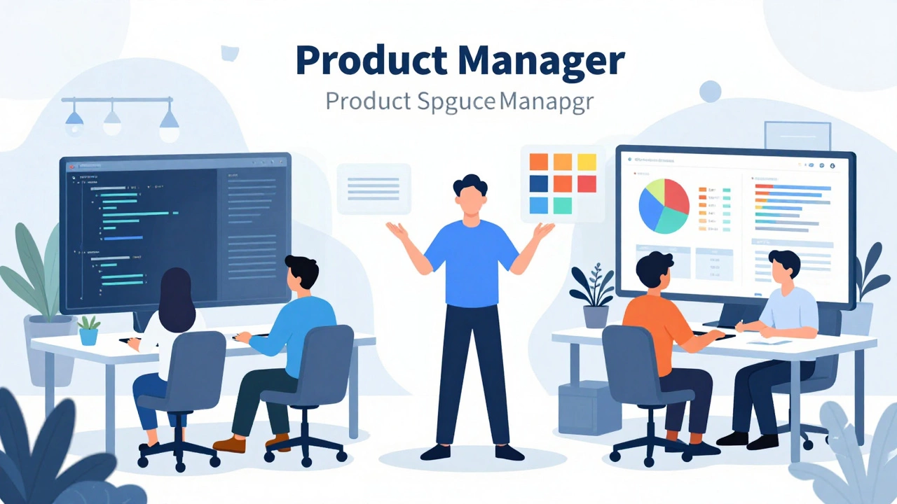 Product manager coordinating between engineering, design, and business teams
