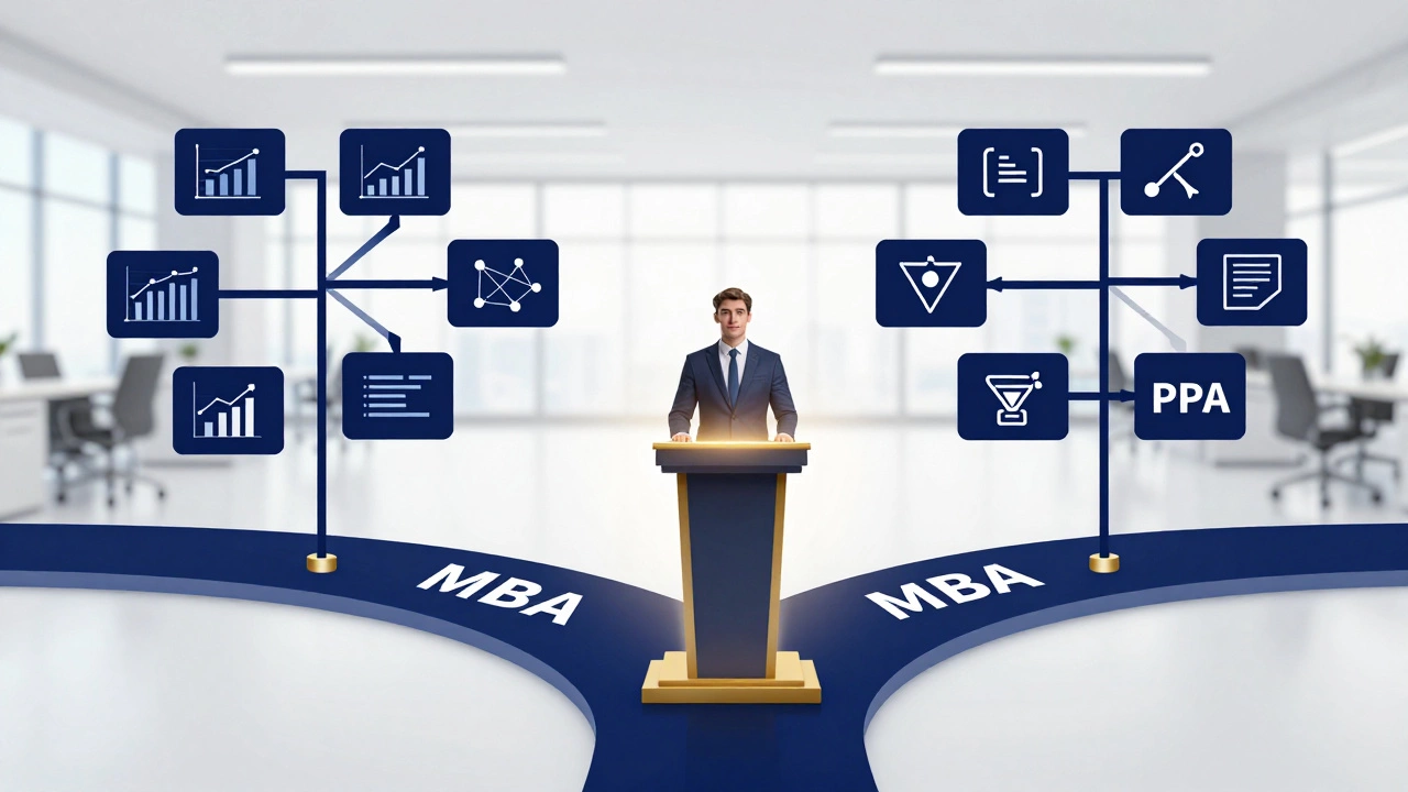Professional choosing between elite MBA network and specialized skills