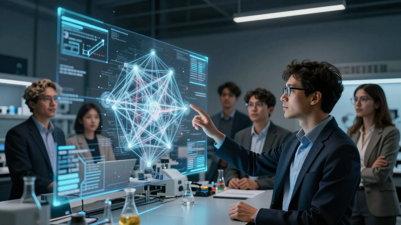 Researchers analyzing holographic math models in a high-tech innovation lab.