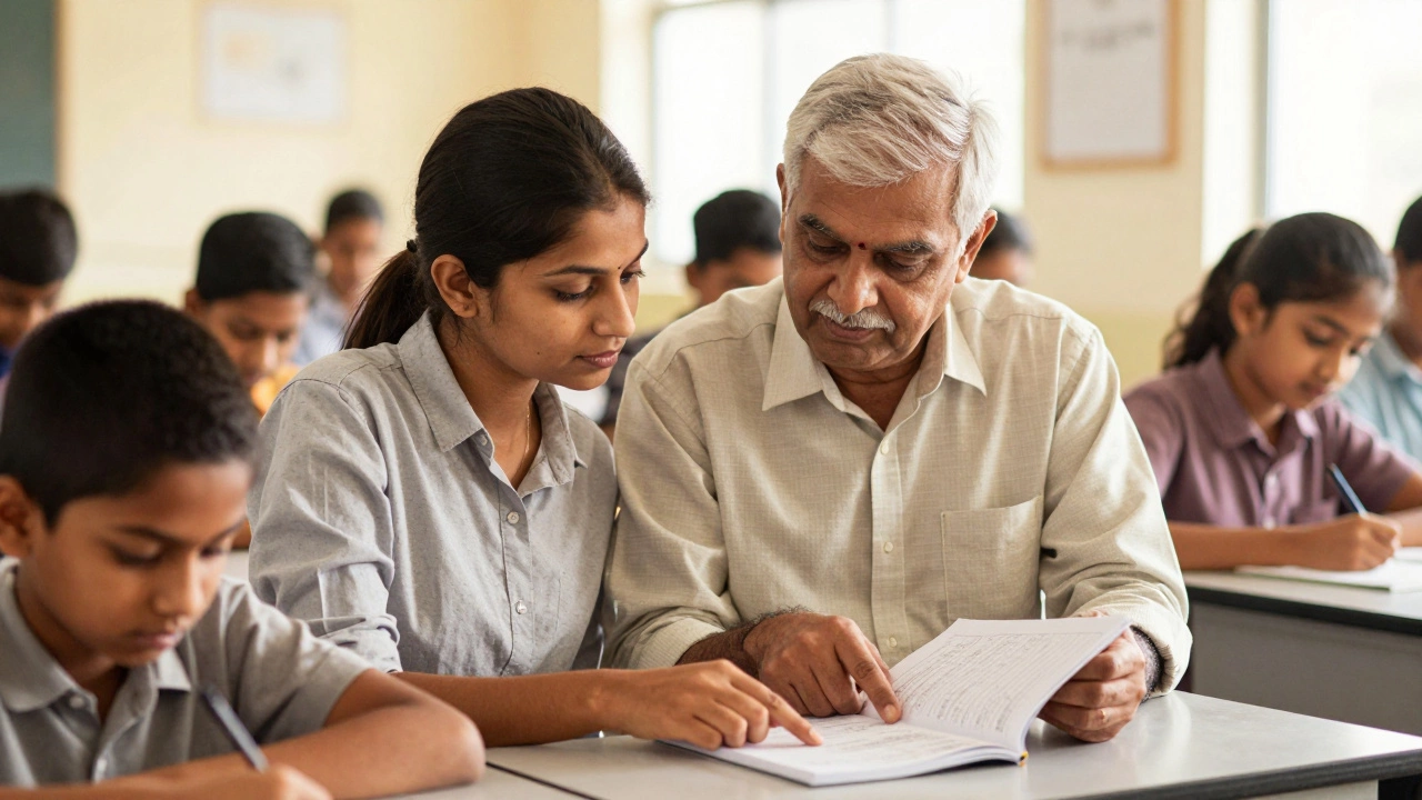 Senior teacher mentoring a trainee with lesson plans