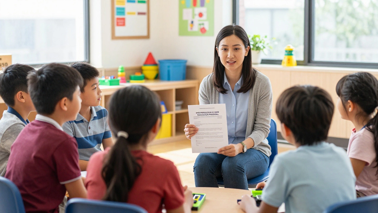 Special education teacher working closely with students in a sunny classroom