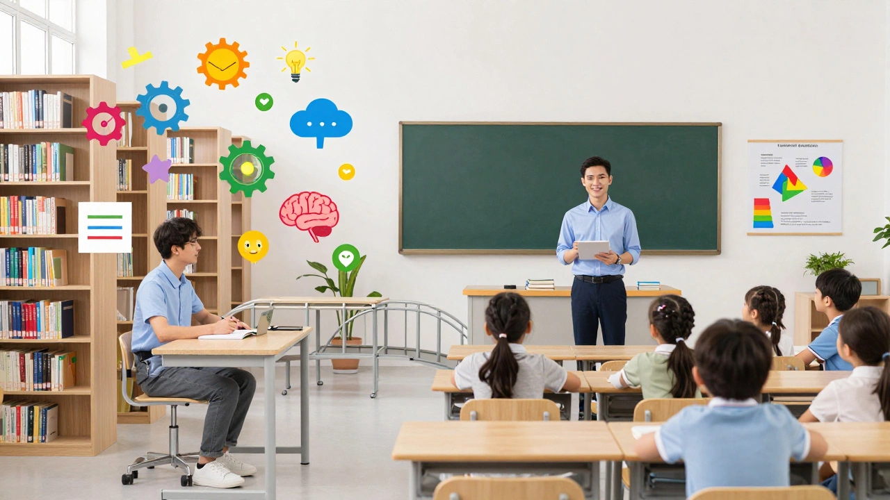 Split image showing teacher training: studying theory in a library on one side, teaching kids in class on the other.