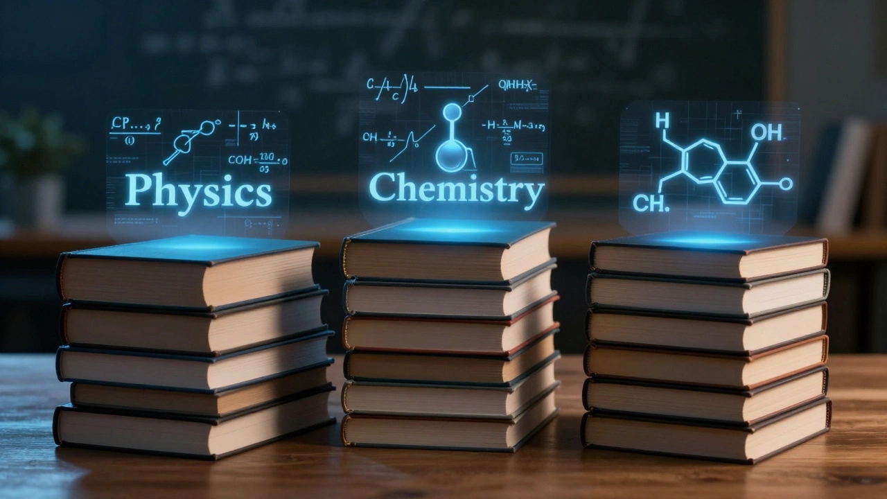 Stacks of Physics, Chemistry, and Math books with floating formulas