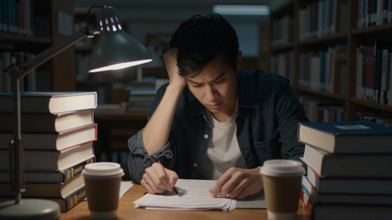 Stressed MBA student studying late at night with books and coffee