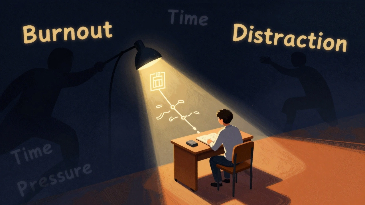 Student studying at night with symbolic obstacles and a bright path