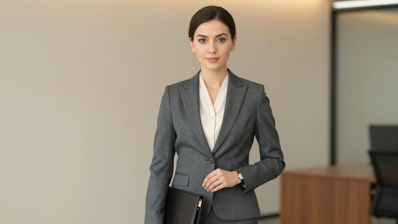 Woman in gray pantsuit holding portfolio, professional interview look