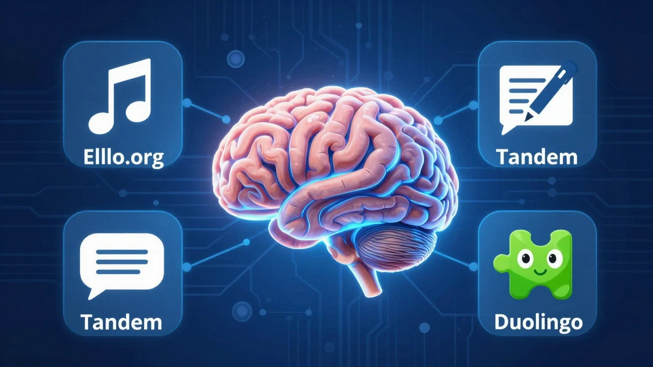 Abstract brain connected to icons for listening, writing, speaking, and vocab.