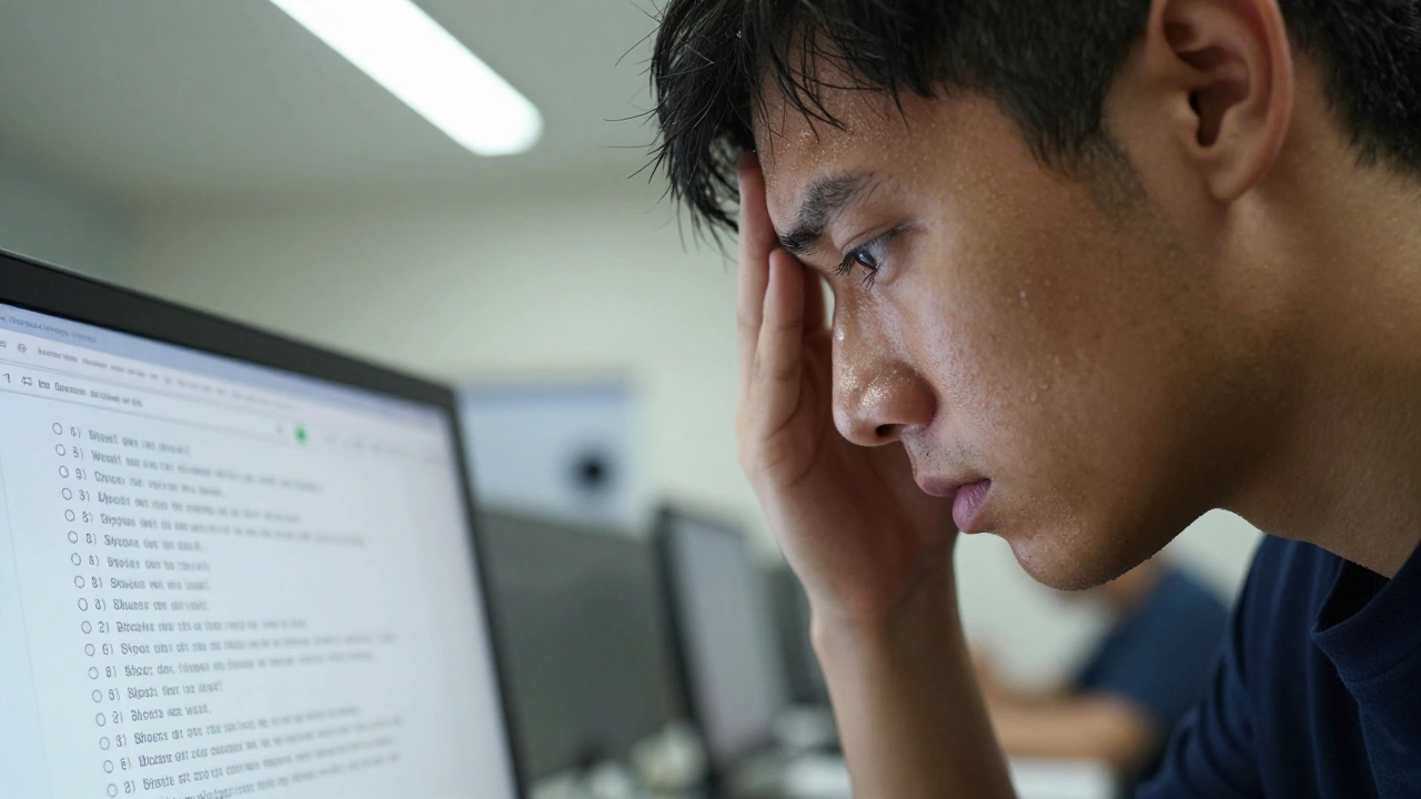 Close up of a tired student taking a long, difficult standardized exam