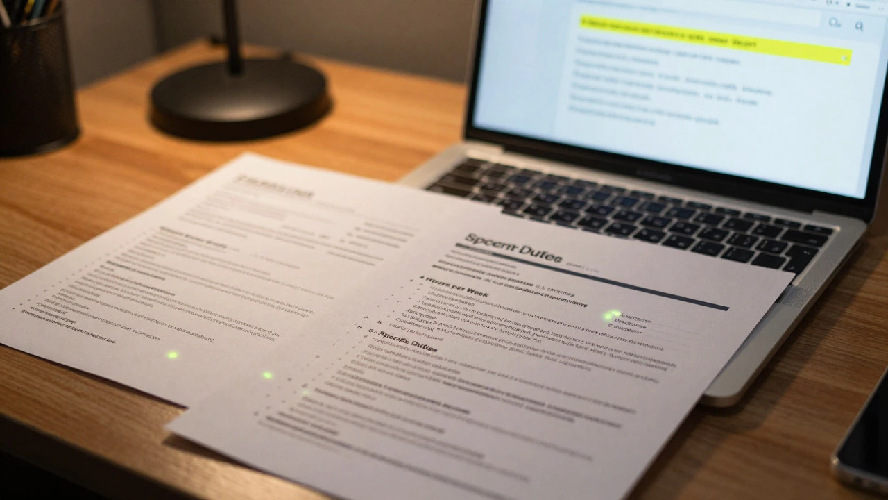 Detailed federal resume on a desk next to a laptop, highlighting the need for precise documentation.