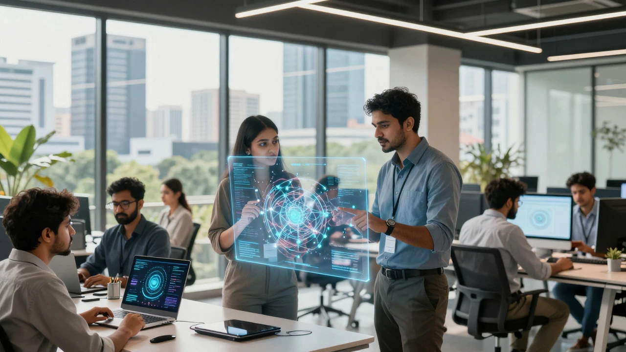 Developers collaborating with holographic tech in a modern Indian workspace