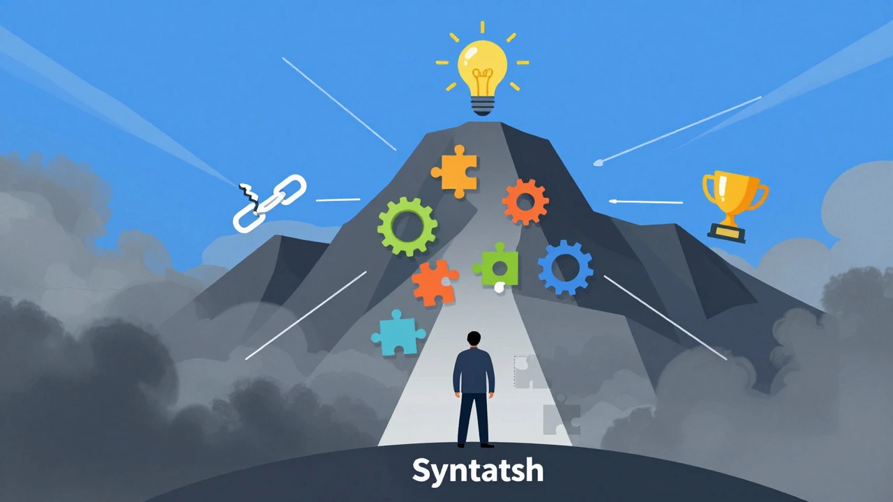 Illustration of a coder climbing a mountain of learning phases and challenges