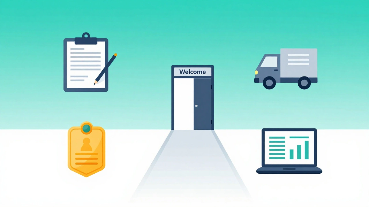 Illustration of four entry-level government job icons surrounding an open opportunity door