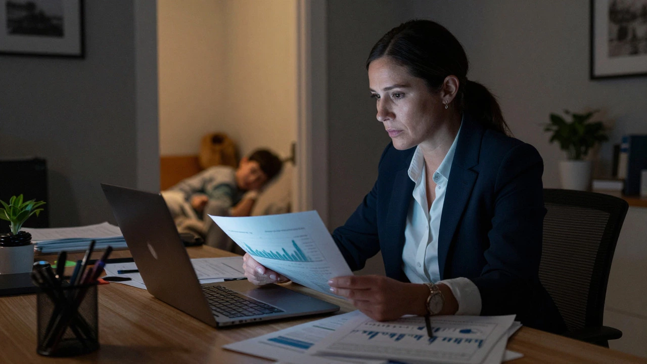 Professional studying late at night at home while balancing family life for a part-time degree.